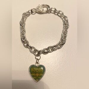 Hand Crafted Silver-Tone Chain Bracelet with Green Heart 'MOM' Charm